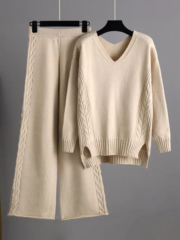 Stylish Roomy Long Sleeves Pure Color V-Neck Sweater Tops& Wide Leg Pants Two Pieces Set