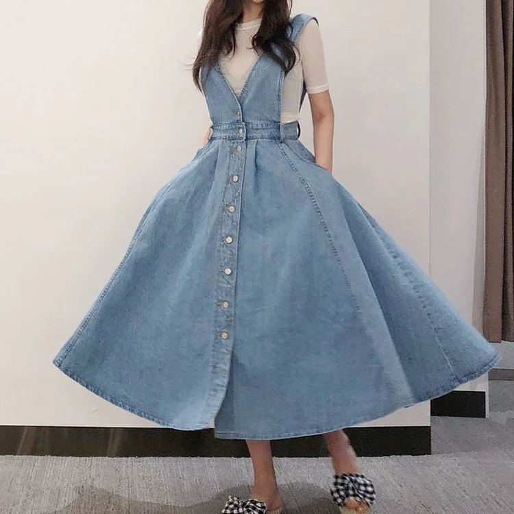 Fashion V Neck Backless With Button Pocket Mid Calf Strap Denim Dress