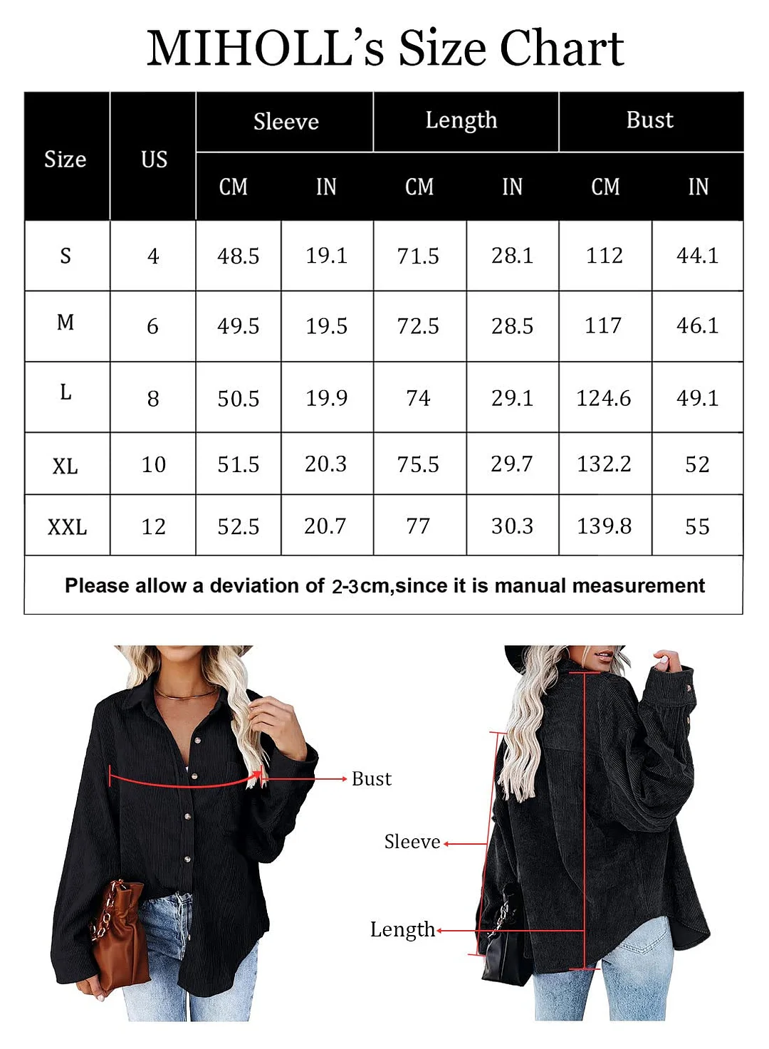 MIHOLL Women Corduroy Long Sleeve Button Down Collared Shirt Jacket Tops