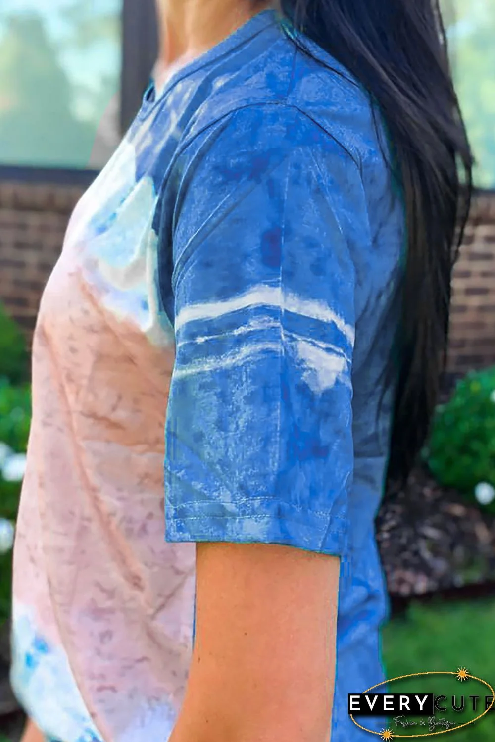 Sky Blue Tie-dyed Color Block Print T-shirt