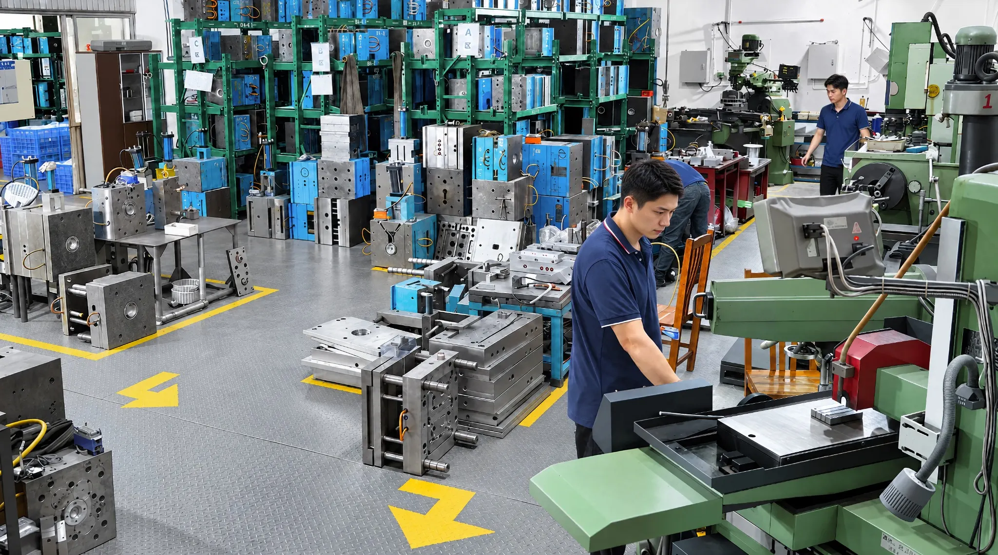 GDL tooling workshop with mold storage racks and technicians at work