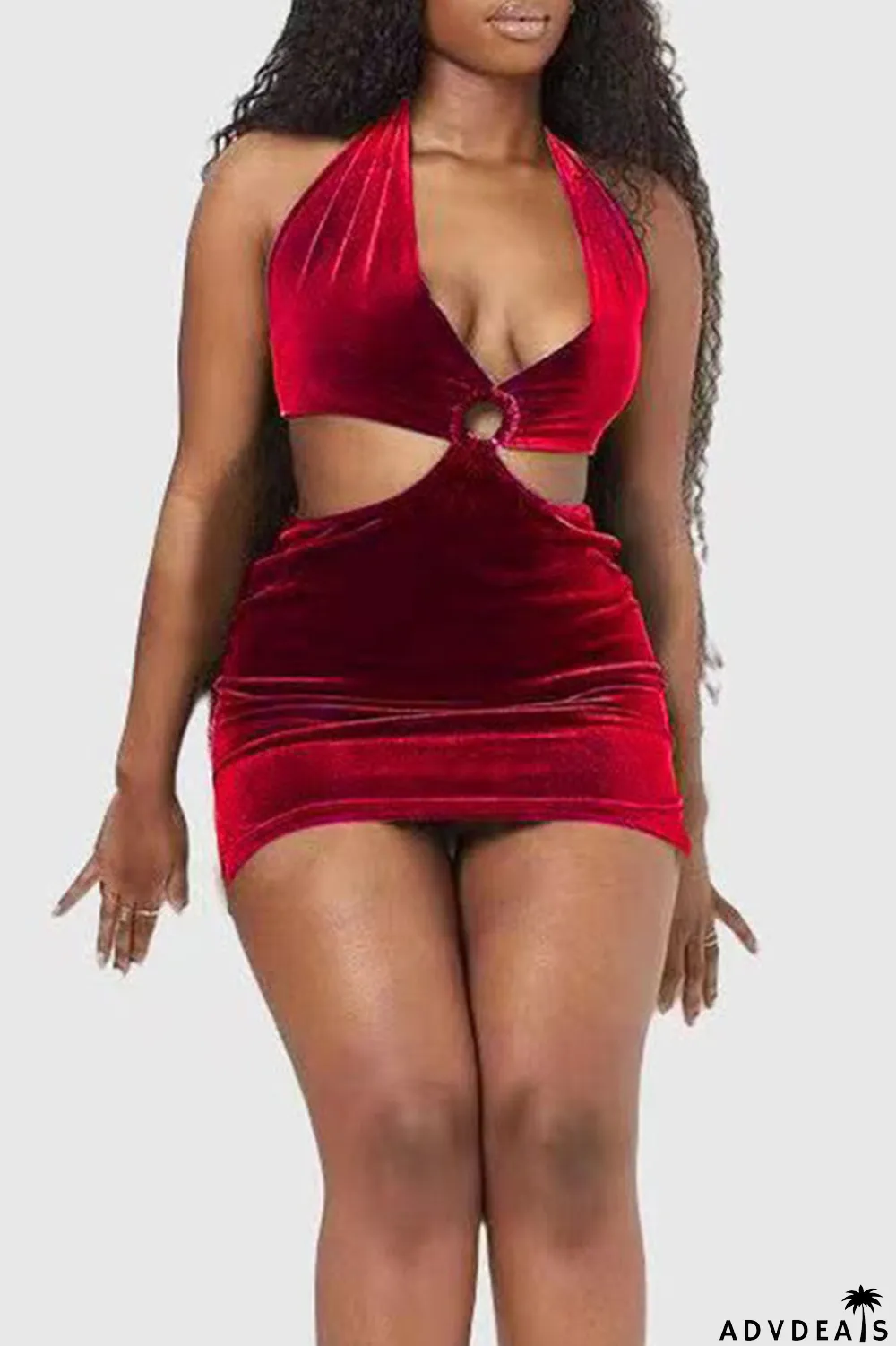 Blue Sexy Solid Hollowed Out Patchwork Halter Pencil Skirt Dresses