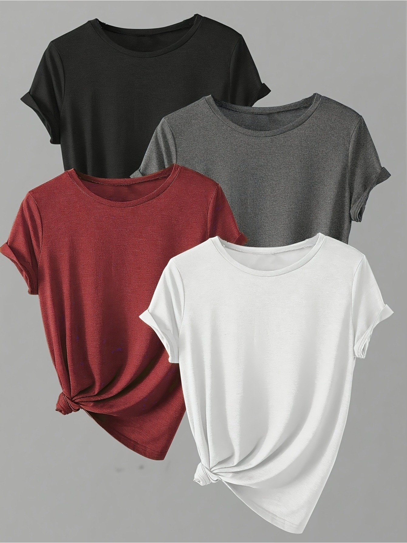 4pcs Of Breathable, Comfortable And Versatile Simple Solid Color Women's T-Shirts, Upgrade Your Wardrobe - A Set Of 4pcs, Suitable For All Occasions, Simple And Relaxed Style | IFYHOME