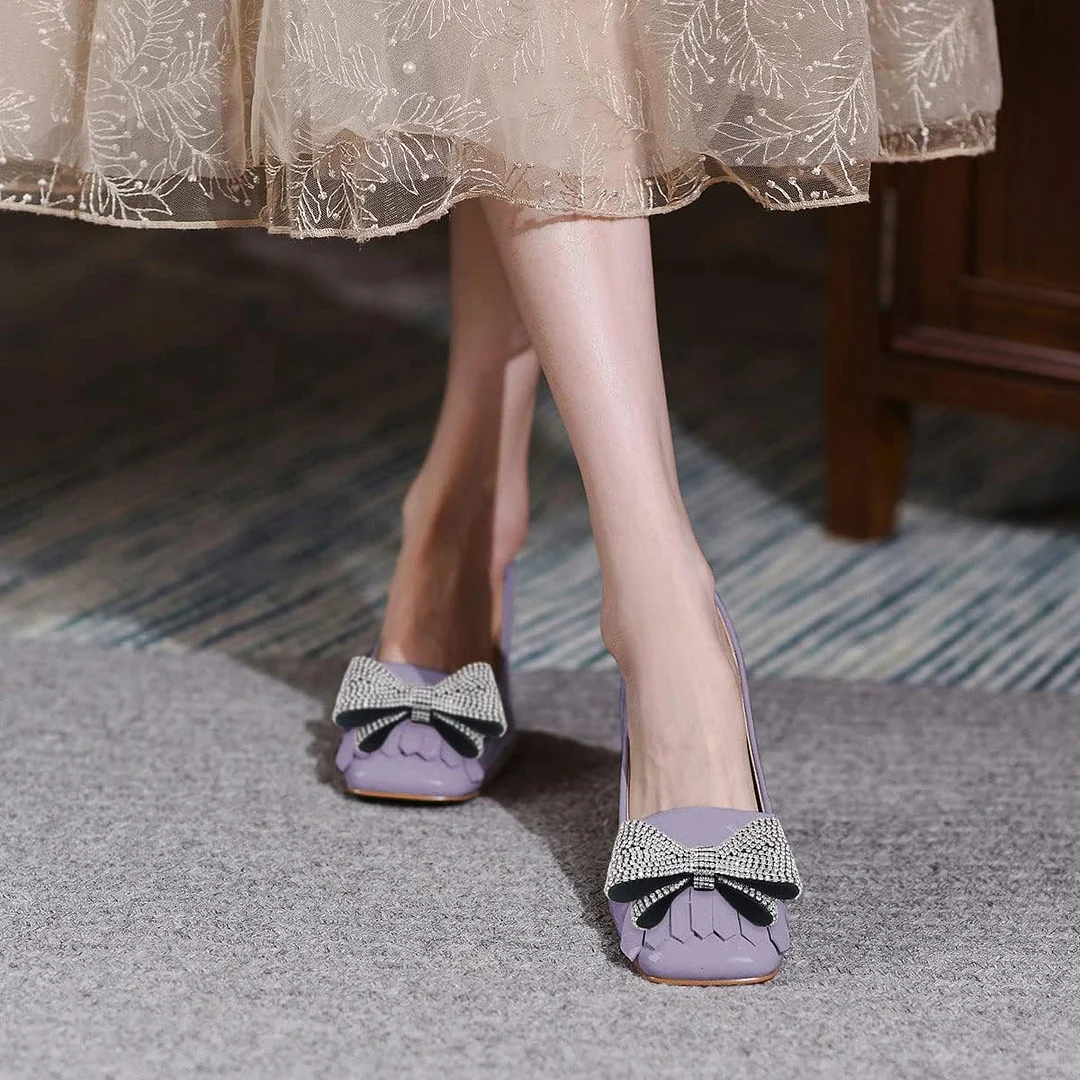 Lavender Square Toe Fringe Block Heel Pumps with Rhinestone Bow