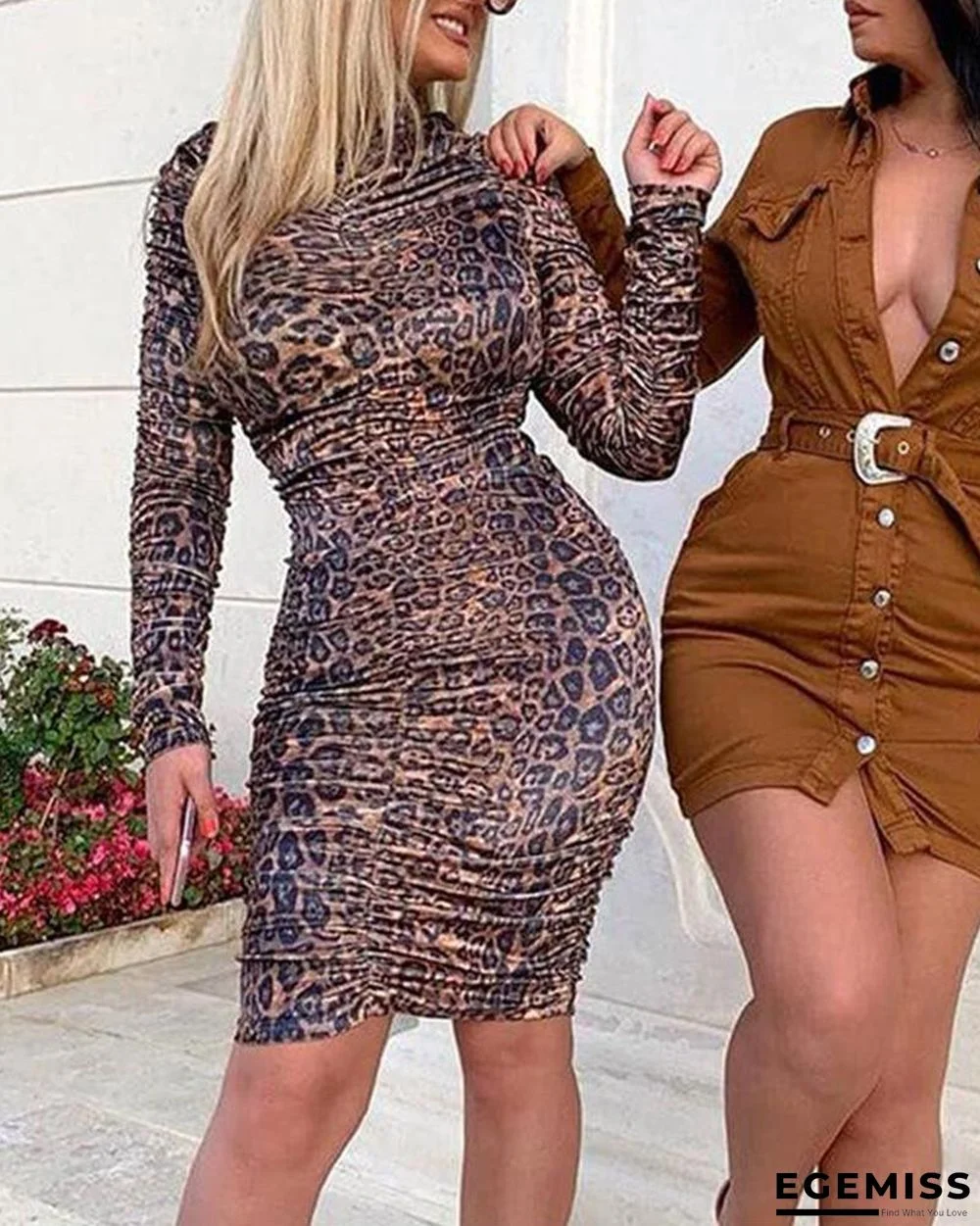 Round Neck Leopard Bodycon Dress | EGEMISS