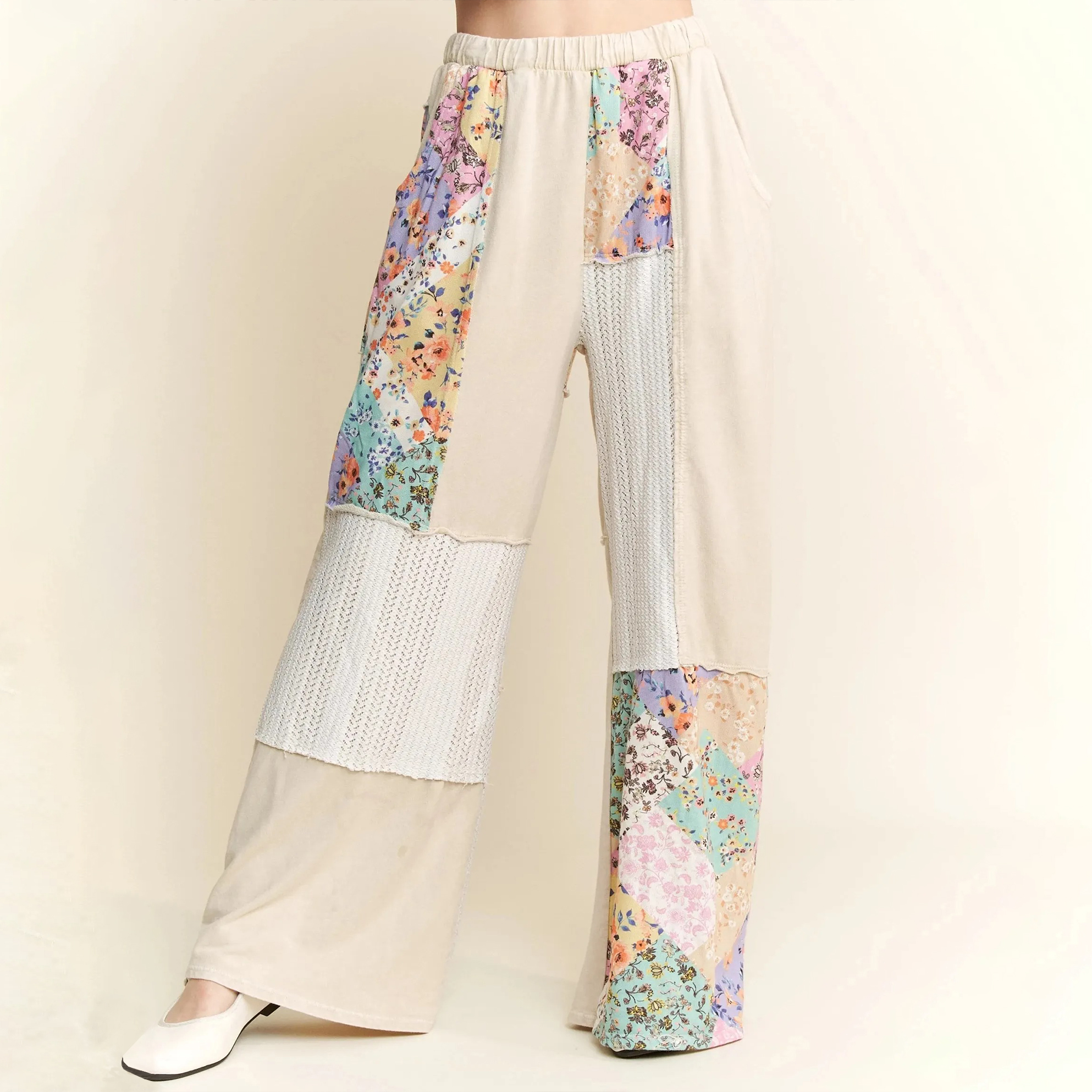 Comstylish Vintage Floral Lace Patchwork Loose Wide-leg Linen Blend Pants