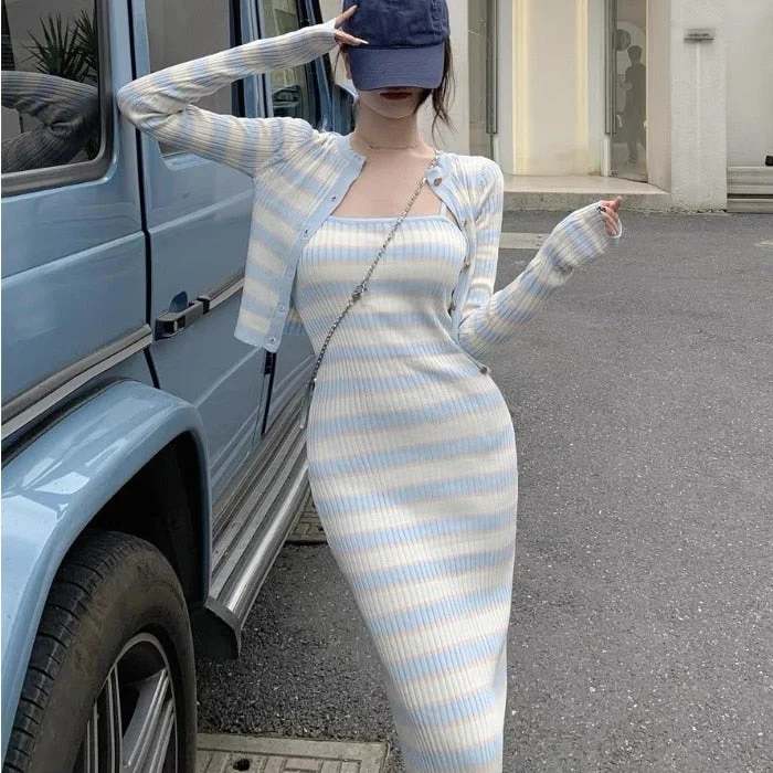 Stripe Knitted Women Fashion Two Piece Set 2021 Autumn Long Sleeve Cardigan Tops And Sexy Sheath Sling Dress Elegant Suit Female