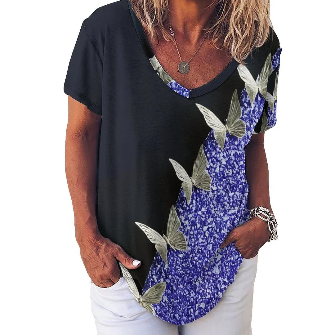 V-neck Short Sleeve Casual T-shirt for  Women Printed with Pattern Purple, Butterfly, Glitter
