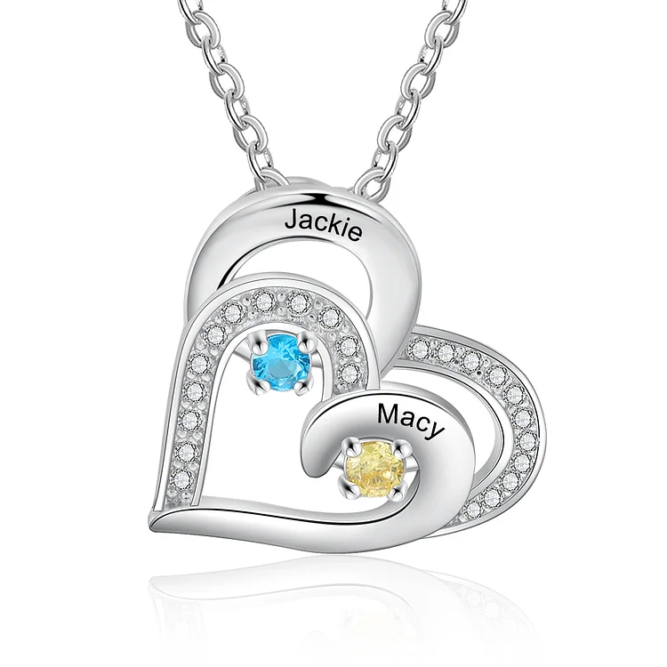 Personalized Double Heart Necklace with 2 Birthstones Family Necklace