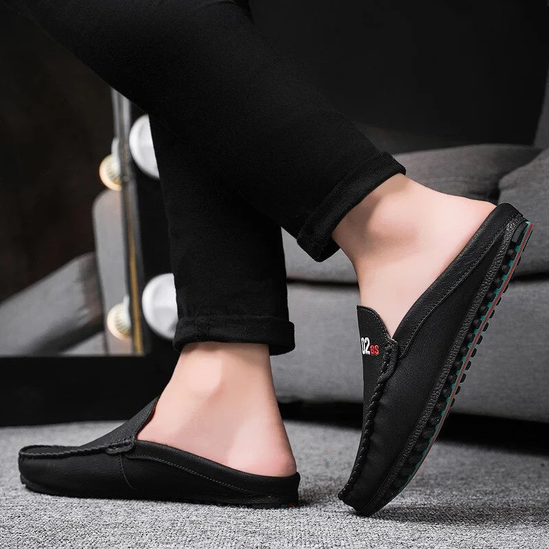 Half Shoes for Men Summer Backless Loafers Men Flats Mules Man Slip on Leather Slides Summer Mens Driving Shoes Casual Slipper