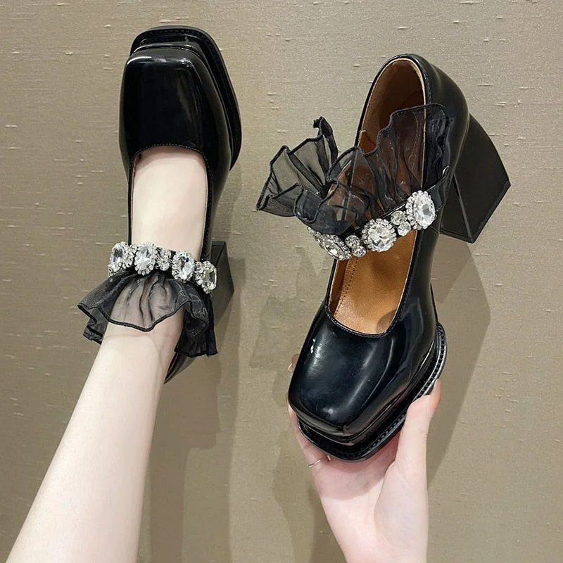 Black Punk Chunky Designer Platform Mary Janes Heels Shoes Women Patent Leather Square Toe Goth High Heels Women Pumps