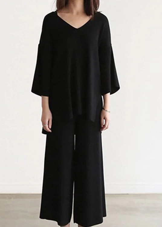 Black Solid Knit Top And Wide Leg Pants Two Pieces Set Spring
