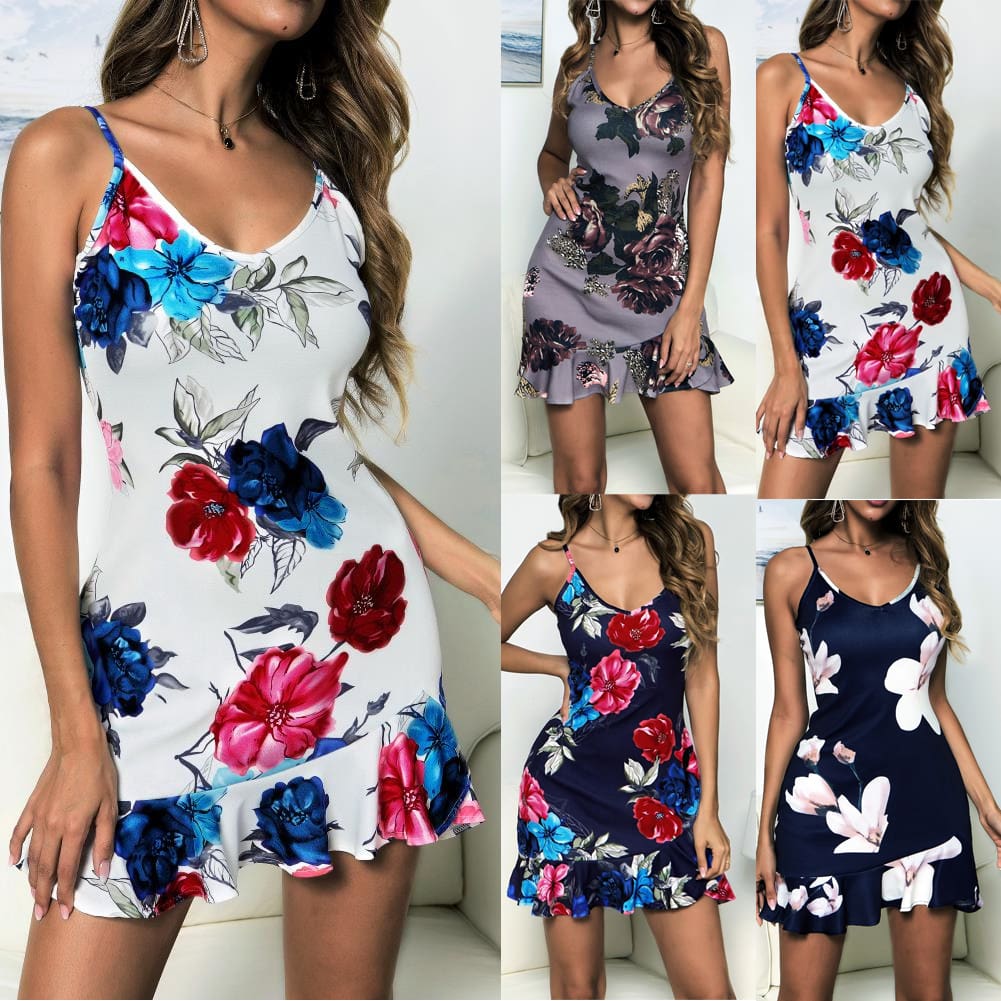 Women Floral Boho Strappy Sleeveless Stretchy Package Hip Bodycon Dress Summer Holiday Beach Mini Short Dress