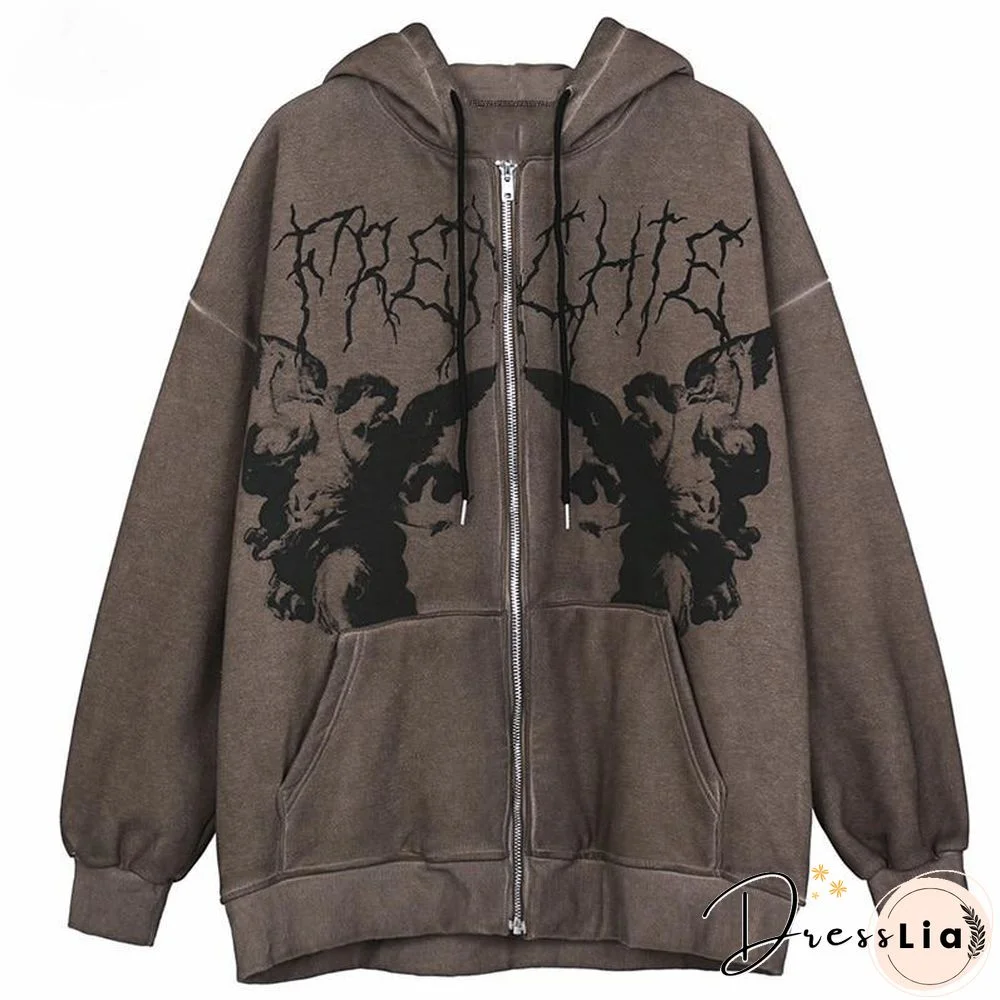Women Hip Hop Streetwear Hooded Jacket Angel Dark Print Jacket Coat Harajuku Cotton Autumn Punk Winter Jacket Outwear Zipp 1027