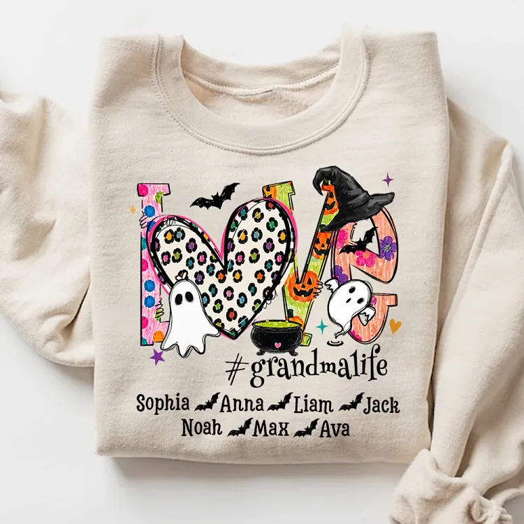 Personalized Love Grandma Life Halloween Sweatshirt, Custom Grandkids Names Front Shirt, Spooky Grandma Gift