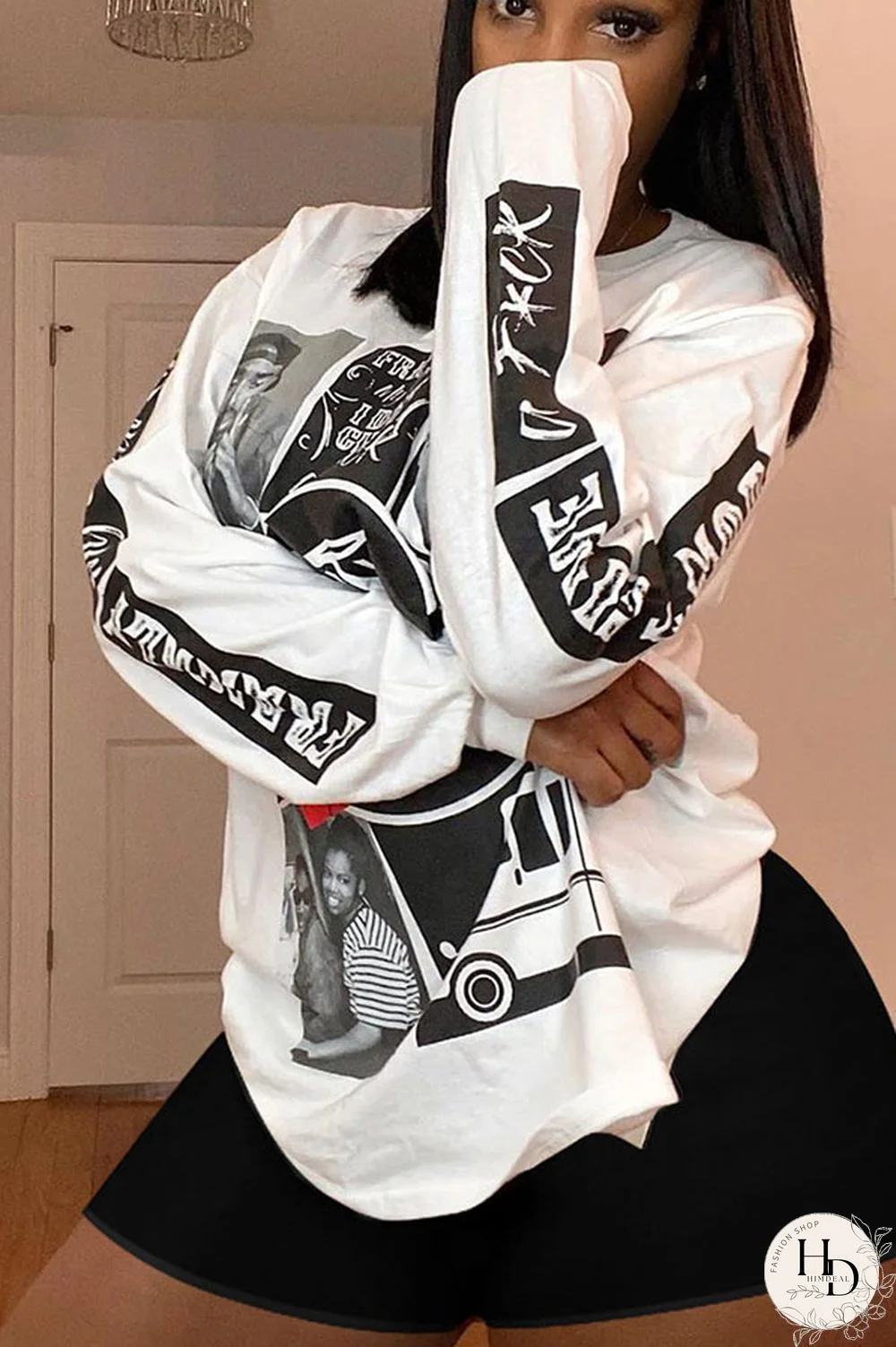 Black and white Casual Print Straight Long Sleeve Two Pieces