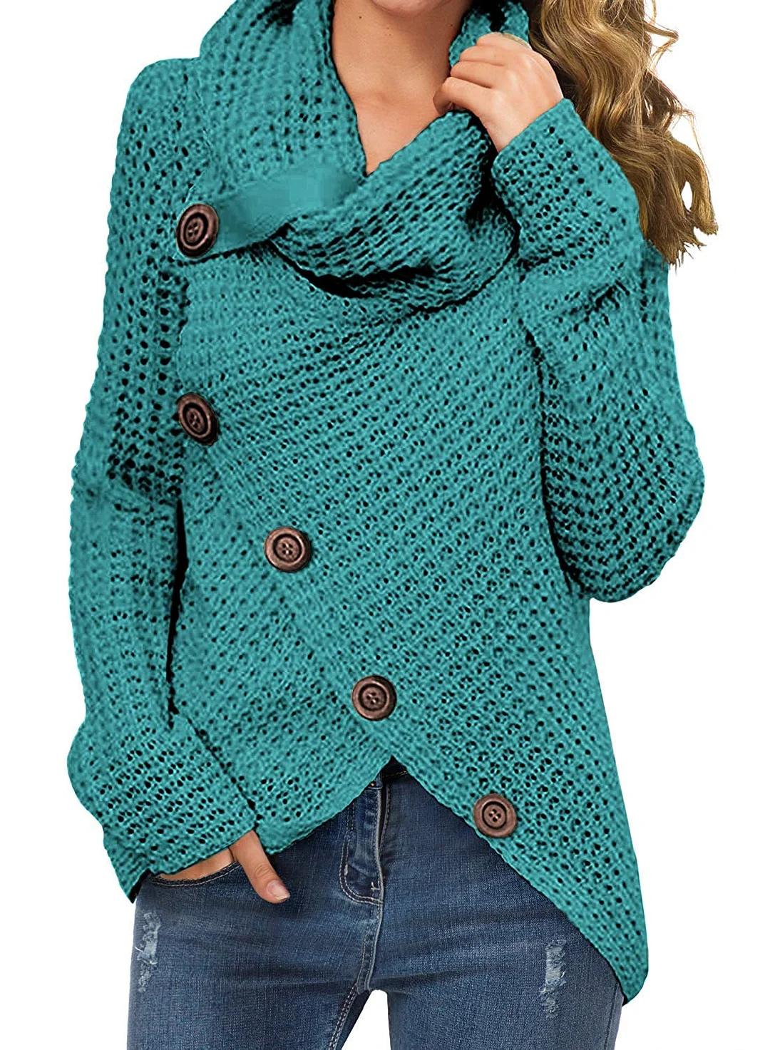 Women's Casual Turtle Cowl Neck Asymmetric Hem Wrap Pullover Chunky Button Knit Sweater