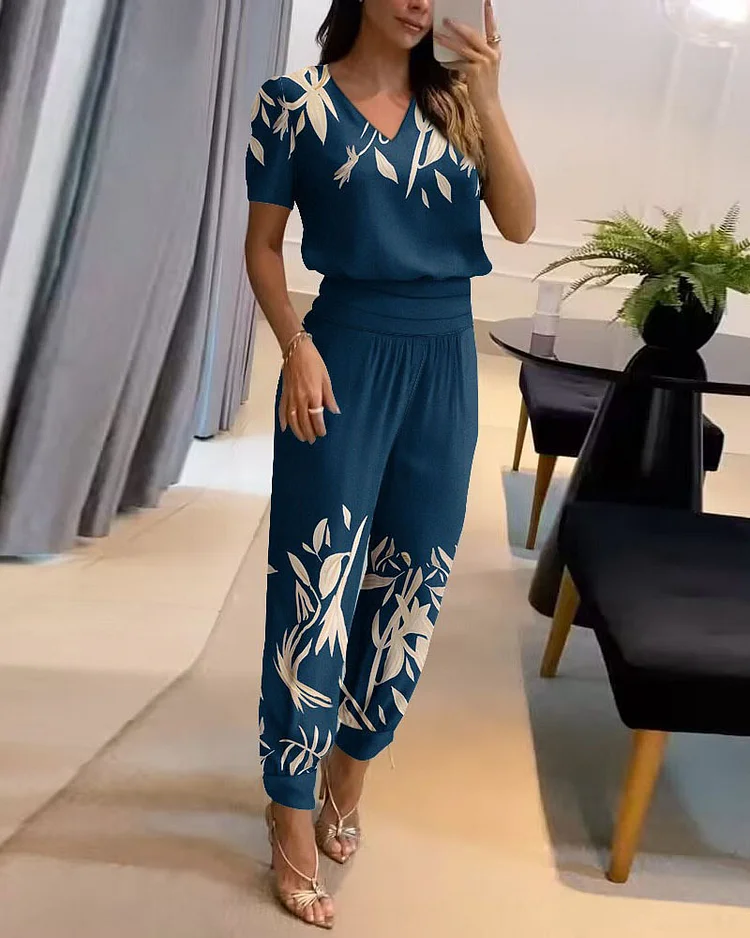 V-neck Short-sleeve Top Pants Leaf Print Two-piece Suit