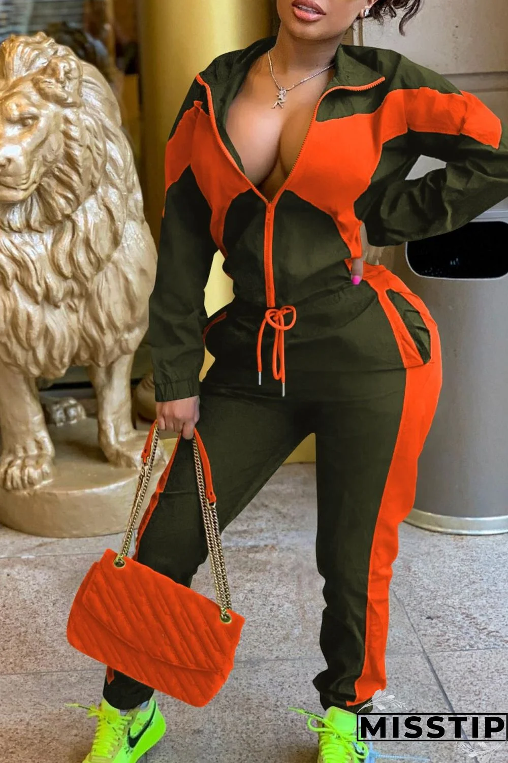 Army Green Casual Solid Patchwork Contrast Zipper Collar Long Sleeve Two Pieces