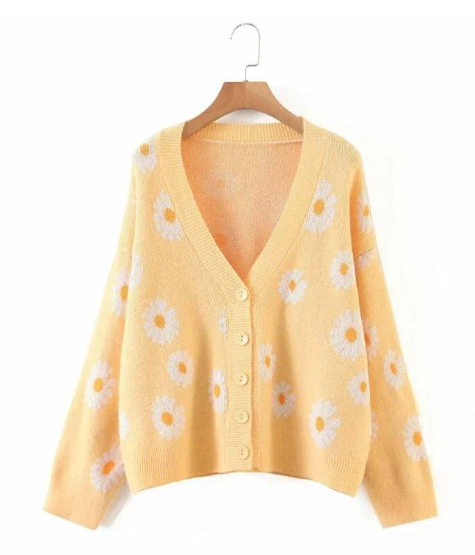 Sweet Button Down Sweater Cardigan Women Loose Knit Coat Autumn Spring Casual Lady Long Sleeve V Neck Floral Outerwear Sweater