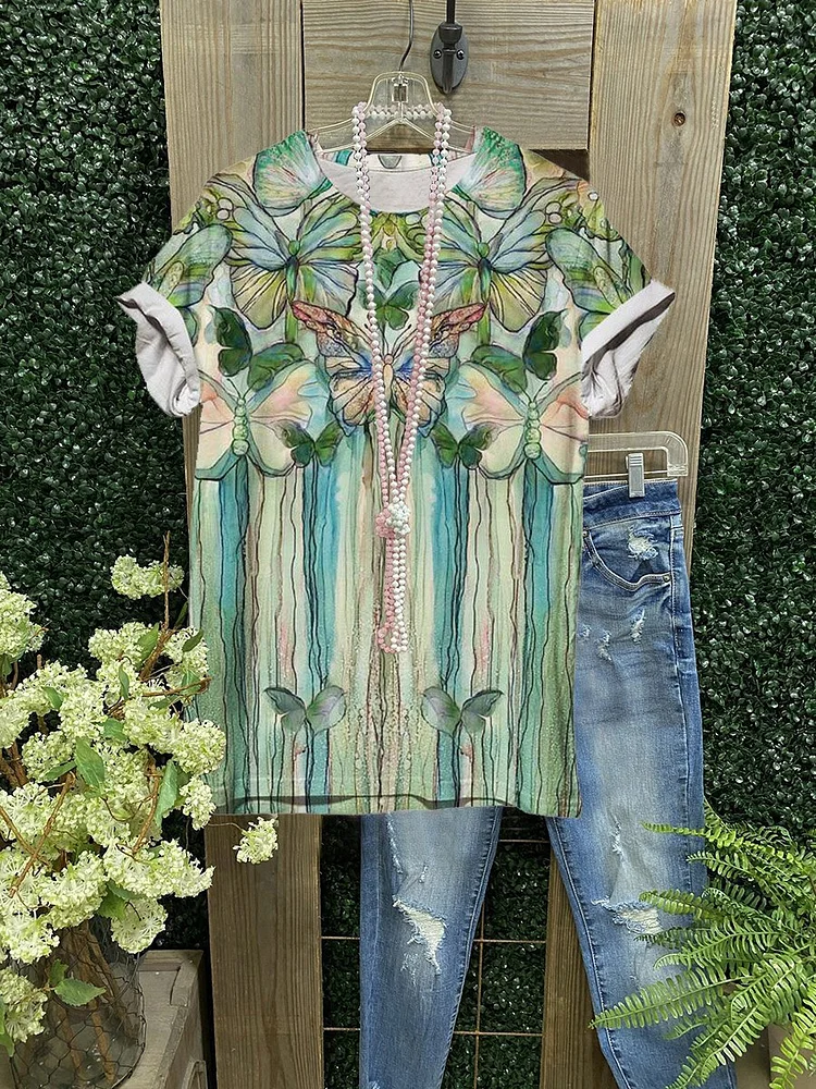 Casual butterfly print crew neck top-Mayoulove