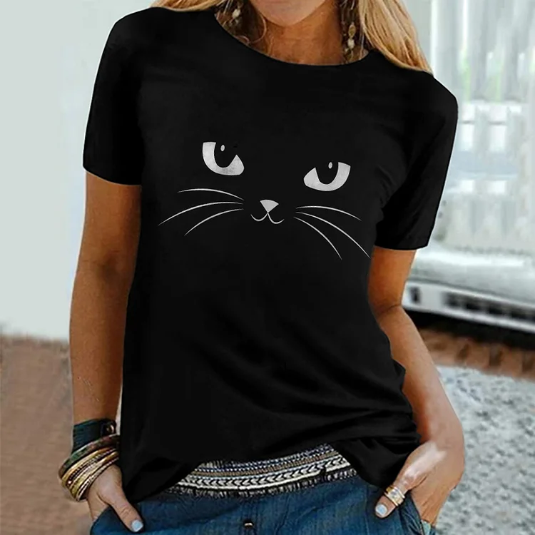 Vefave Cat Print Crew Neck Simple T-Shirt