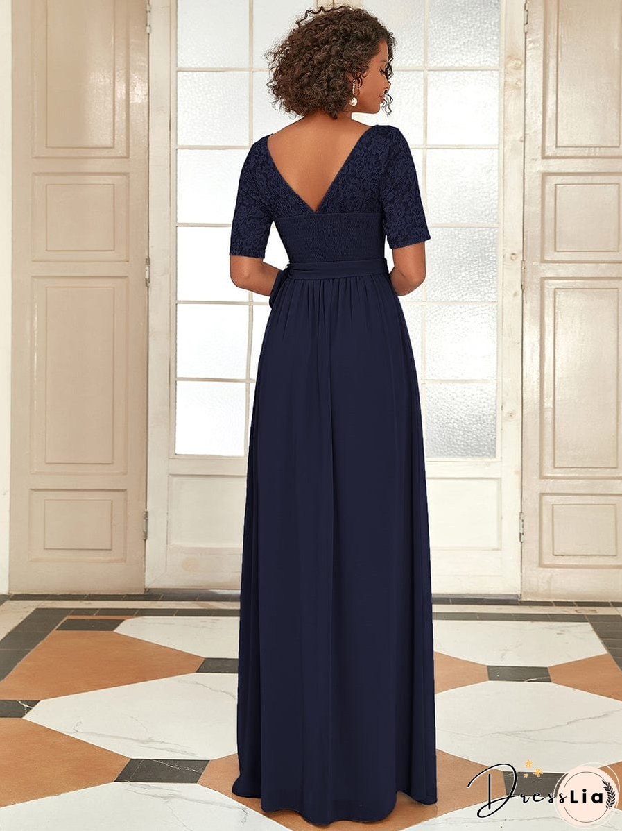 Sophisticated Lace Bodice Chiffon Maxi Evening Gown with Belt for Elegant Occasions