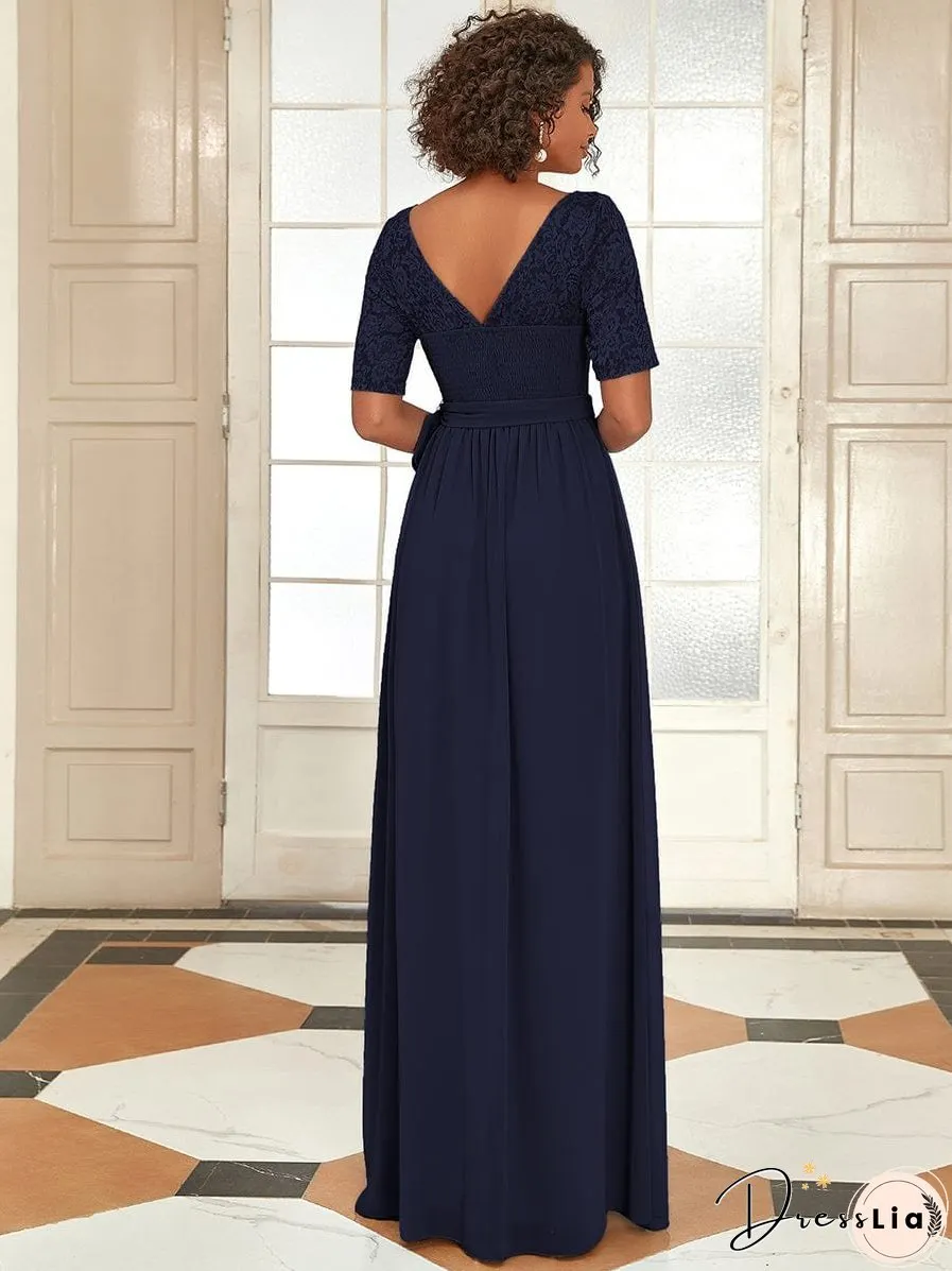 Sophisticated Lace Bodice Chiffon Maxi Evening Gown with Belt for Elegant Occasions