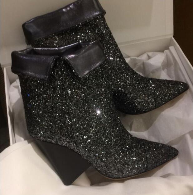 VCSHOES Bling Dark Silver Glitter Women Ankle Boots Pointy Toe Ladies Finger Heel Boots Fold Boots