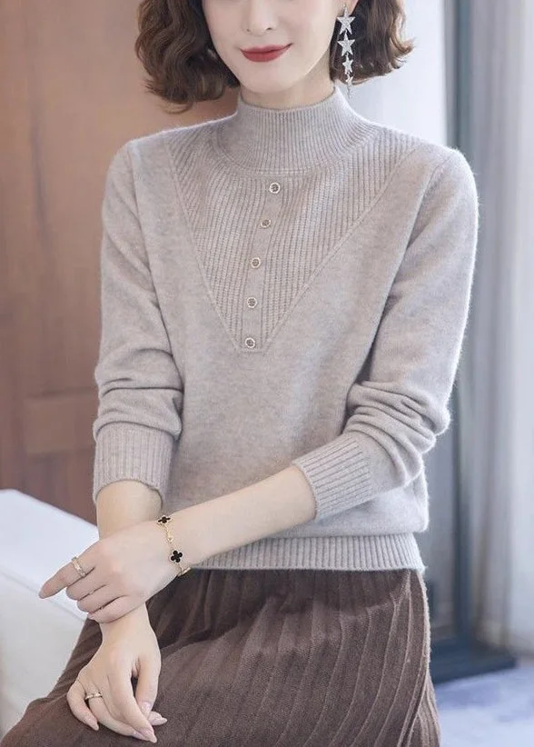 Women Beige Turtleneck Solid Wool Knit Tops Long Sleeve
