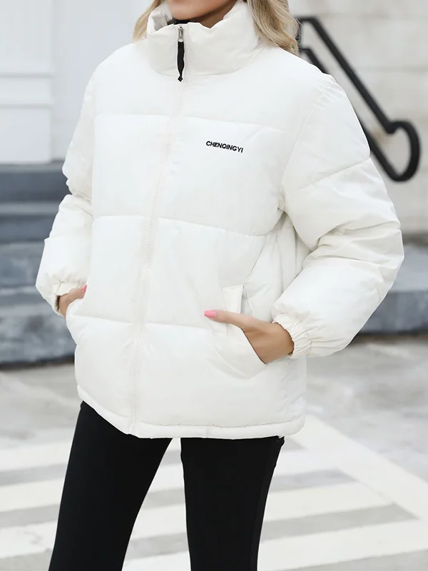 Long Sleeves Loose Keep Warm Quilted Solid Color Zipper High Neck Padded Coat