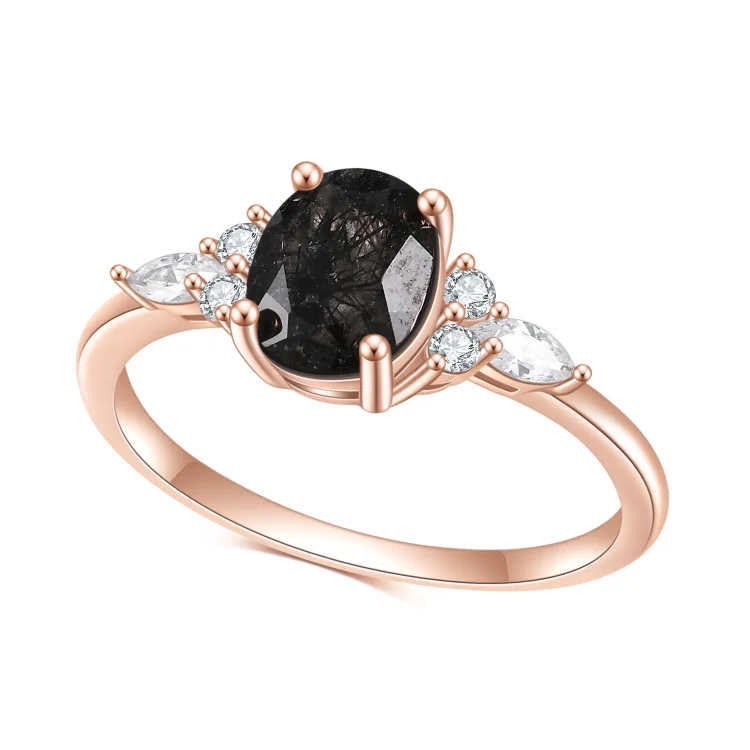 Oval Cut Dark Black Rutilated Quartz Seven Stone Engagement Ring