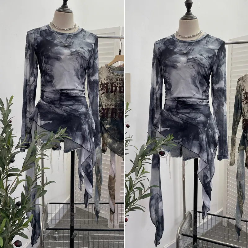 Uveng Real Shooting Babes Long Sleeves And Jersey Net Yarn Dye Printing Irregular Lotus Leaf Edge Ribbon Folding Top 9998