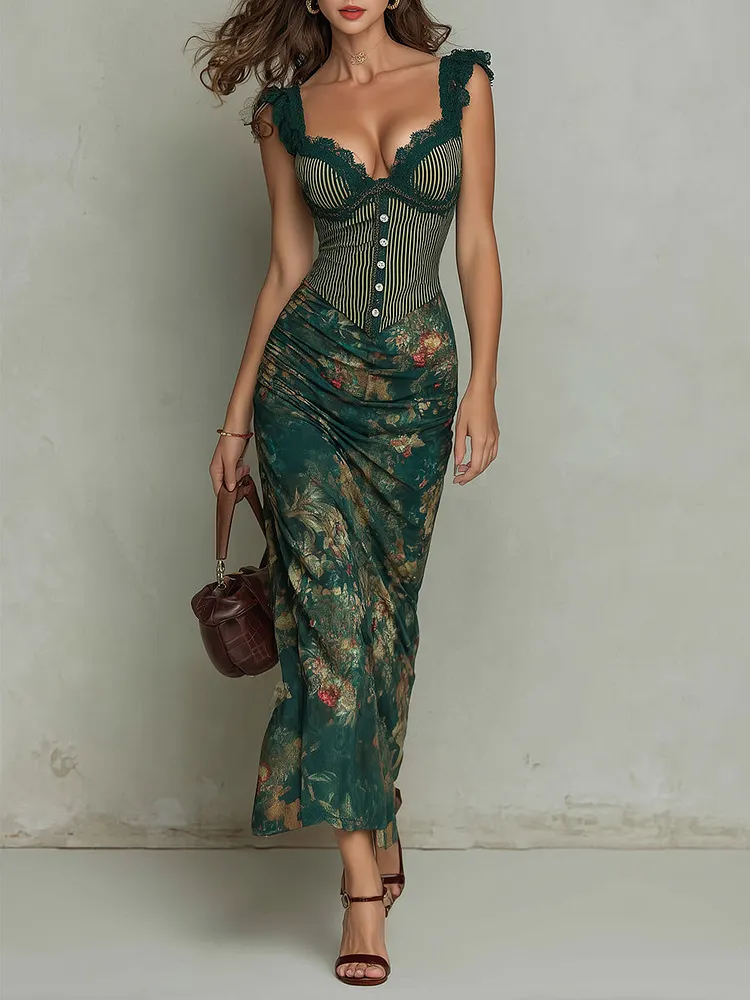 Retro Lace-trimmed Striped Floral Print Maxi Dress