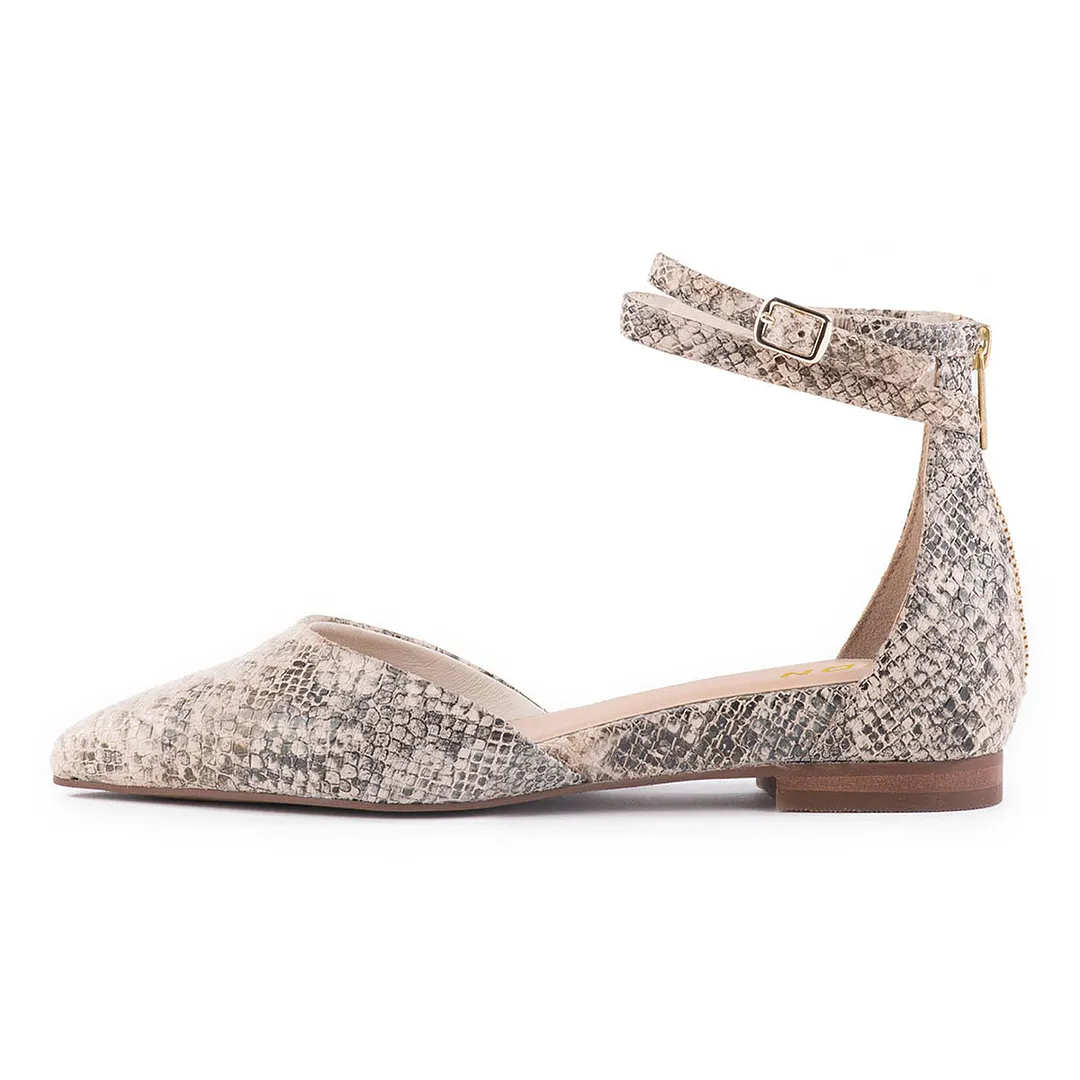 Beige Snakeskin Print Pointed Toe Ankle Strap Flat Shoes Women