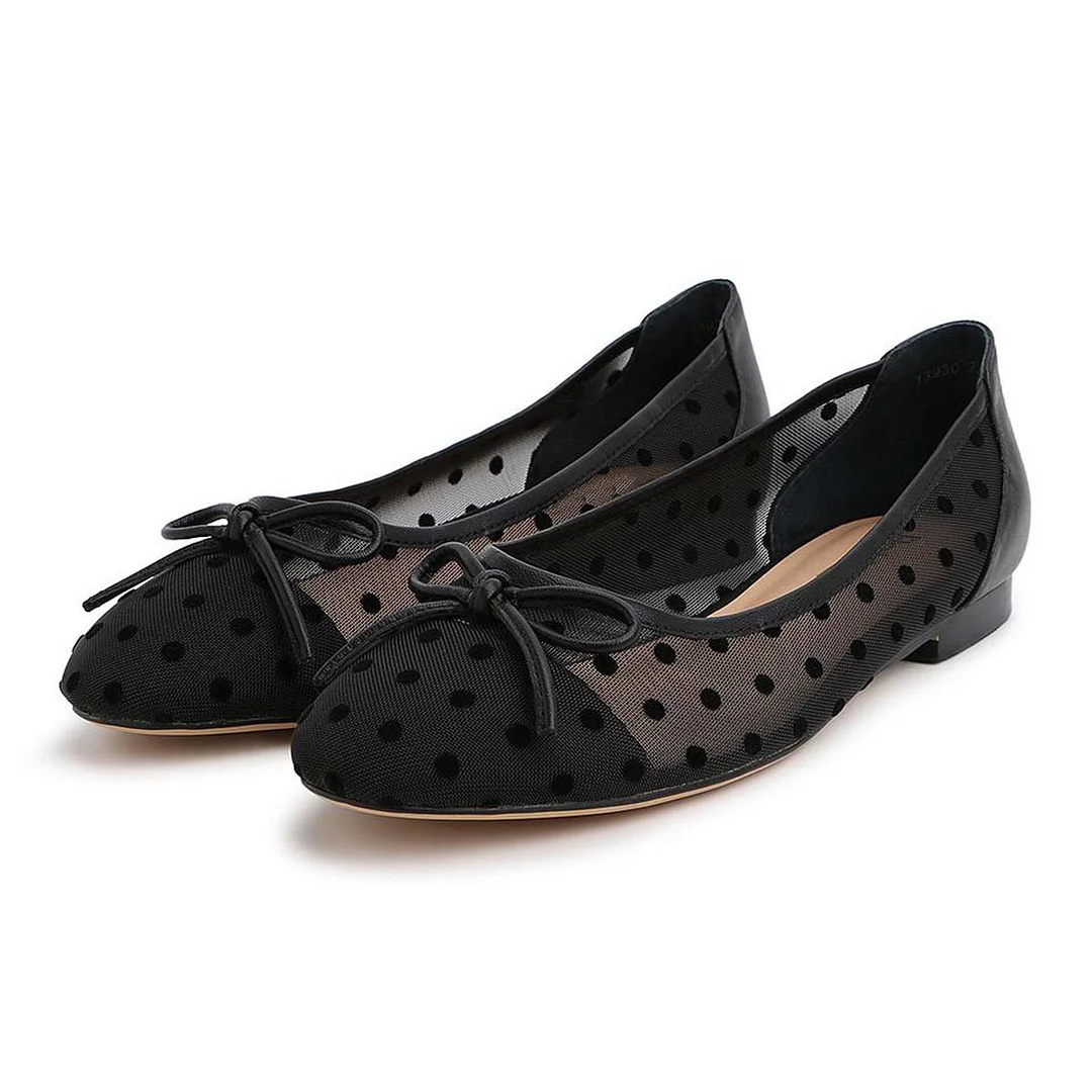 Fashion Black Round Toe Polka Dot Slip On Ballet Flats with Bow