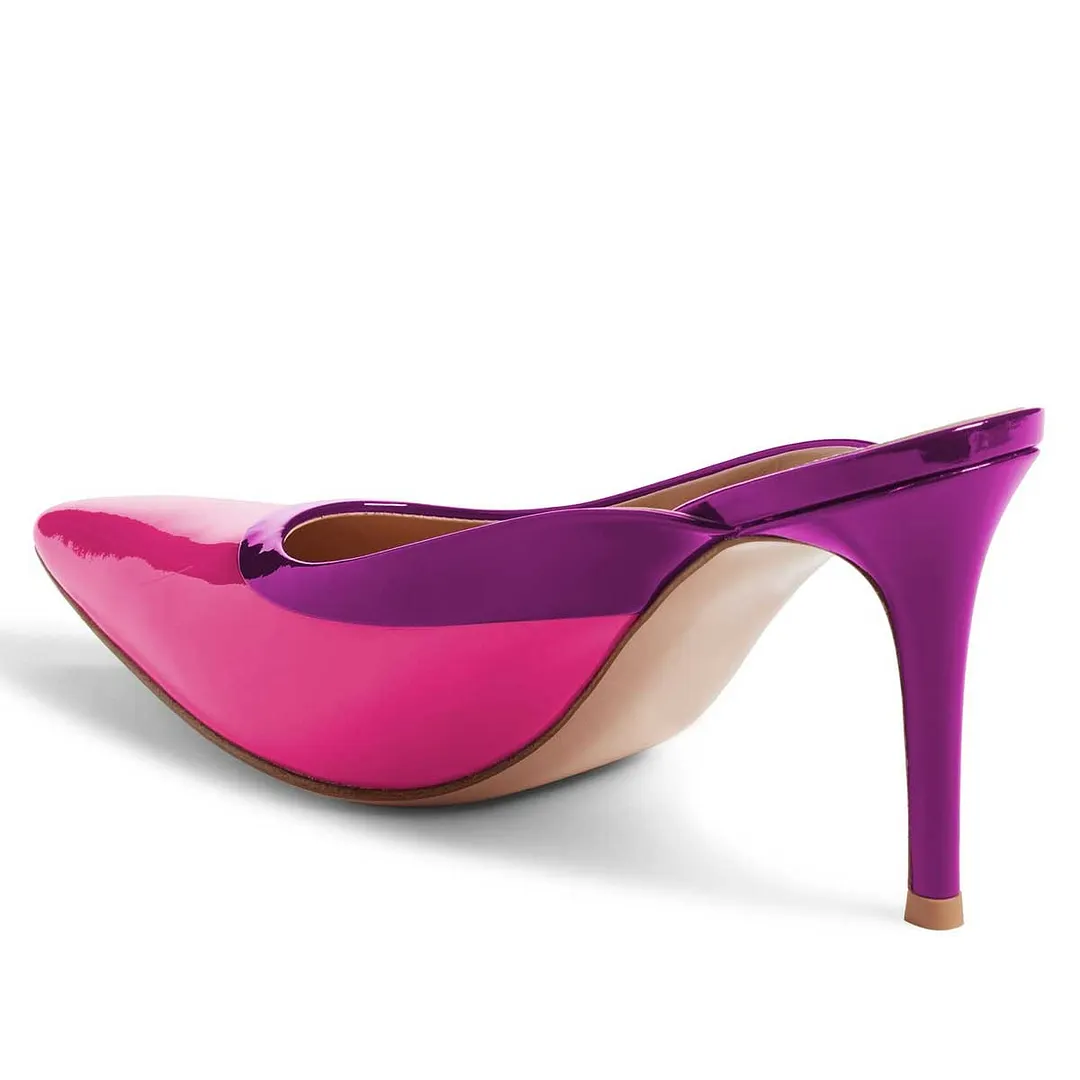 Fuchsia Patent Leather Slip-On High Heel Mules with Pointed Toe