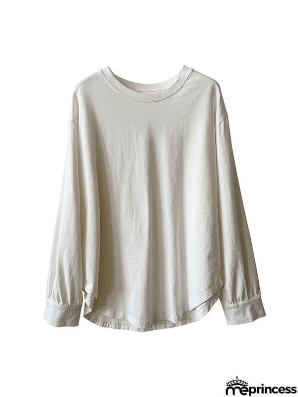 Long Sleeves Loose Solid Color Round-Neck T-Shirts Tops