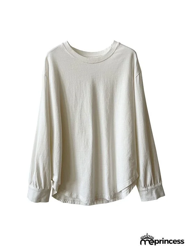 Long Sleeves Loose Solid Color Round-Neck T-Shirts Tops