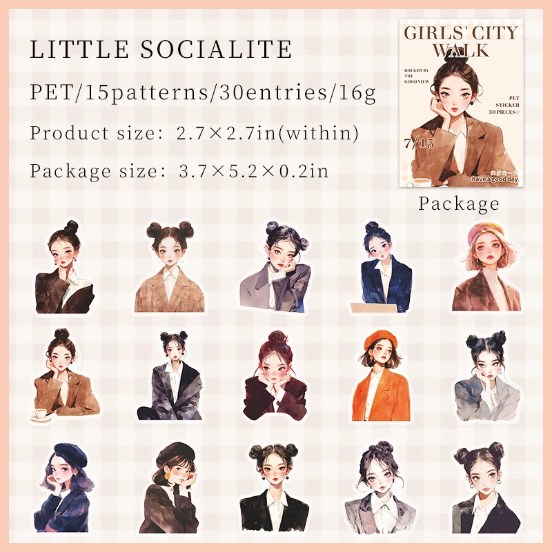 Journalsay Girl's City Walk Series Vintage Character PET Sticker