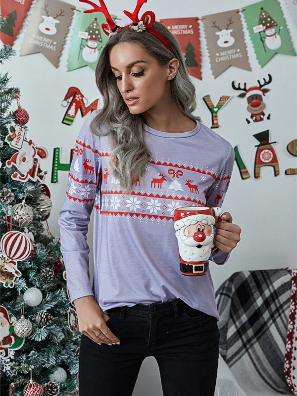 Women's Christmas Print Crew Neck Long Sleeve Top Flusfy