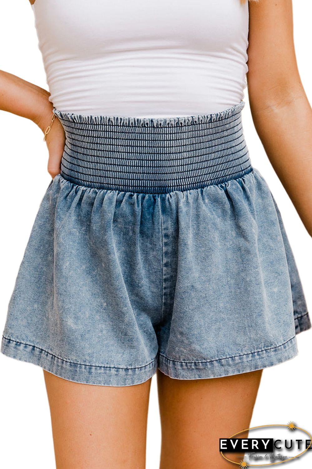 Blue Smocked High Waist Acid Wash Flared Denim Shorts