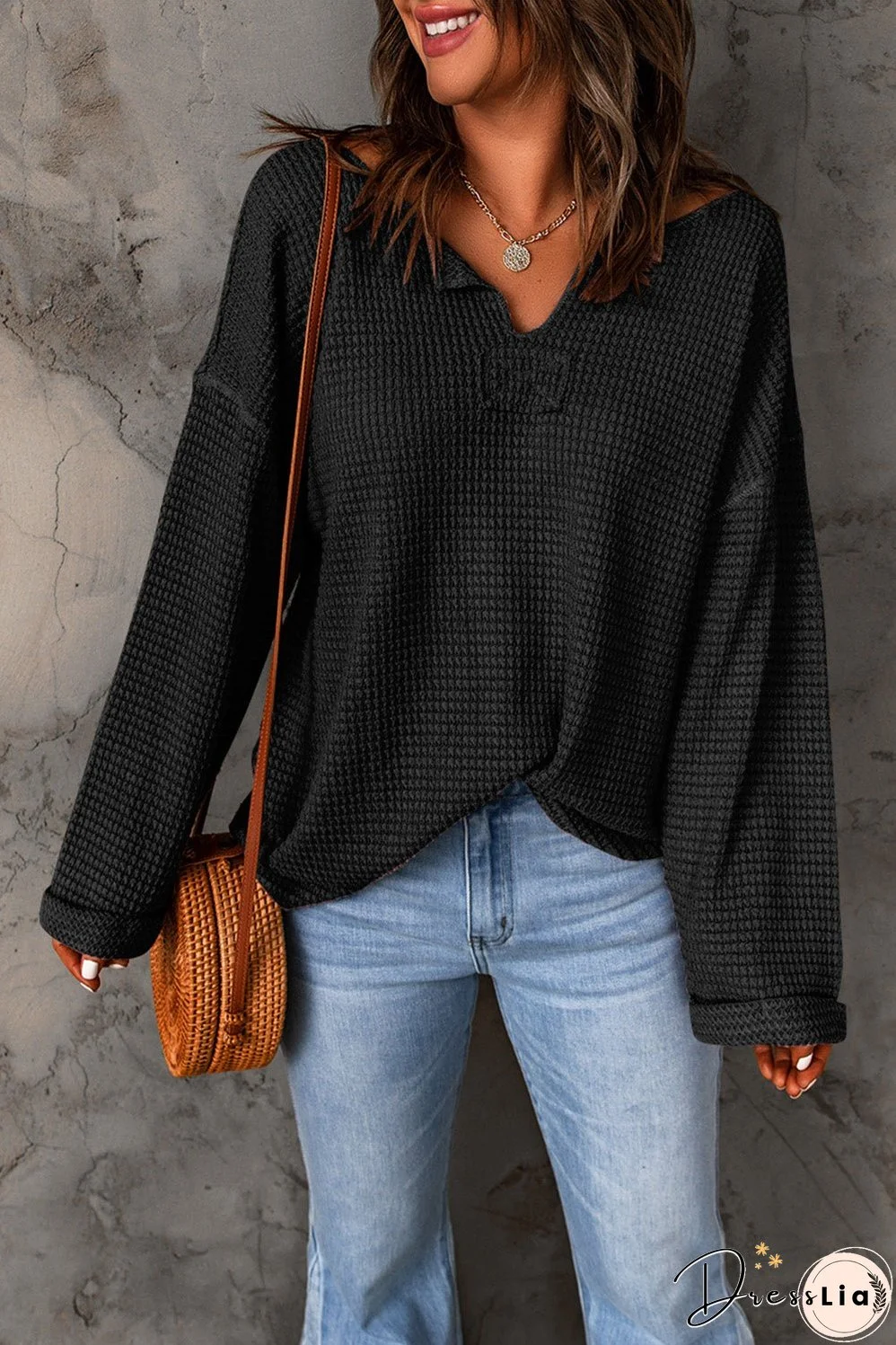 Cozy Black Waffle Texture V-Neck Top