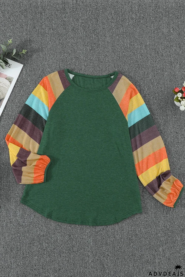 Women's Striped Balloon Sleeves Green Knit Top