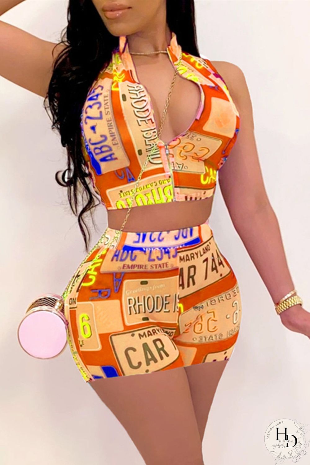 Fuchsia Sexy Casual Print Basic Zipper Collar Sleeveless Two Pieces