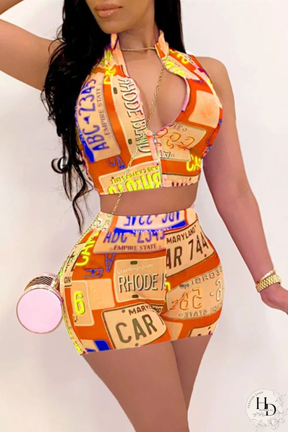 Fuchsia Sexy Casual Print Basic Zipper Collar Sleeveless Two Pieces