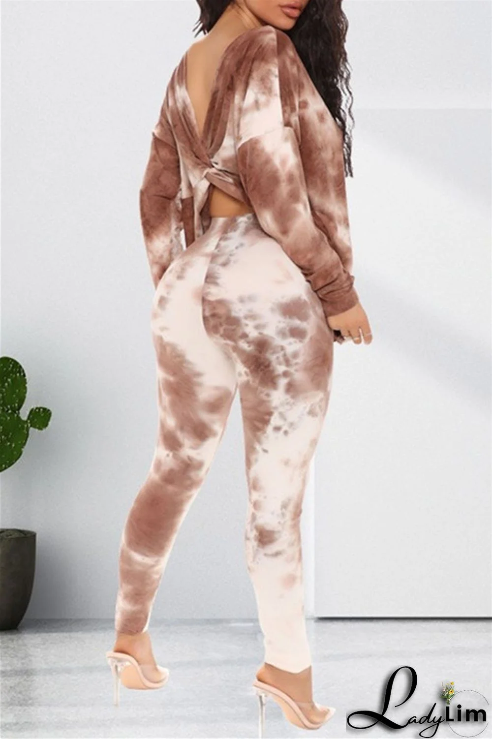 Light Coffee Fashion Casual Print Tie Dye Backless O Neck Long Sleeve Two Pieces