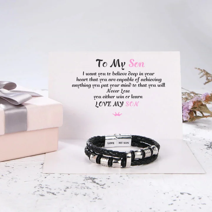 To My Son, Inspirational Leather Bracelet Bangle with Message Card Gifts For Him
