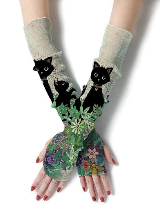 Retro cute cat print sleeve decoration fingerless sleeve gloves sun protection