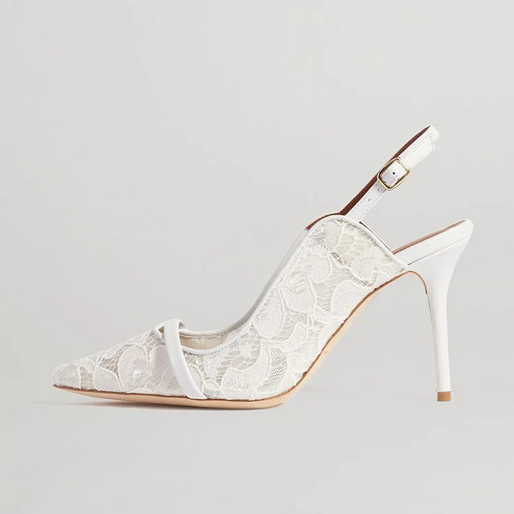 Ivory Pointed Toe Lace Shoes Women's Stiletto Heels Slingback Pumps |FSJ Shoes